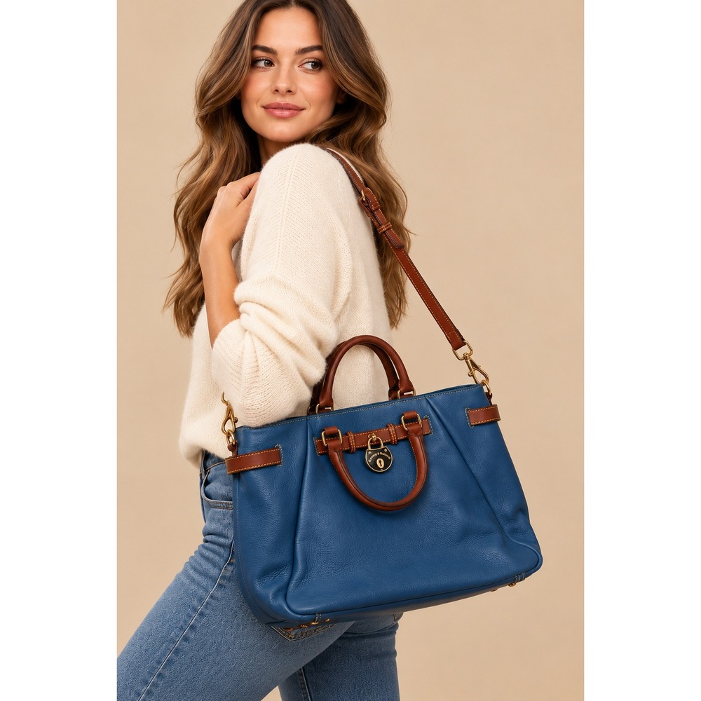 Dooney & Bourke Womens Large Belted Shopper Denim Blue Leather Tote RT009 DN